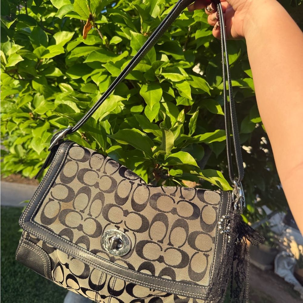 Coach Black and Brown Signature Canvas Shoulder Bag